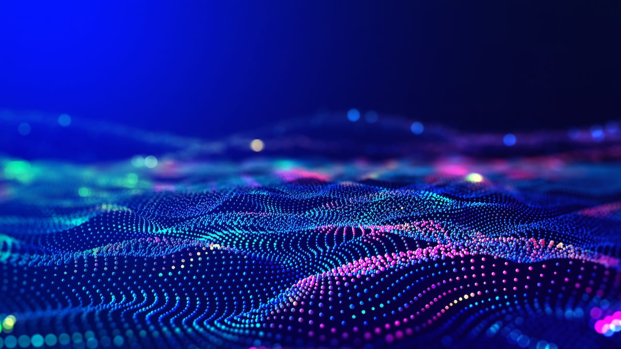 Cyber big data flow. Blockchain data fields. Network line connect stream. Concept of AI technology, digital communication, science research, 3D illustration music waves